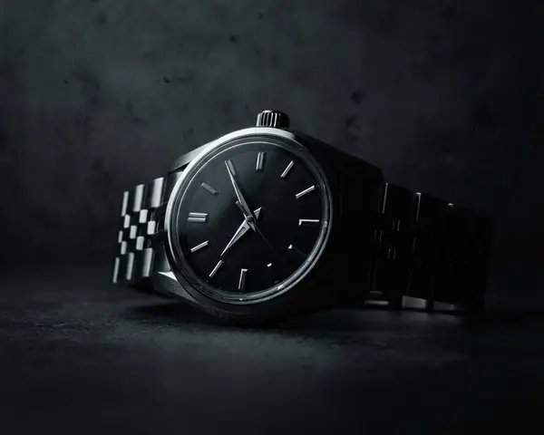 A steel wristwatch with a black dial and metal bracelet resting on a dark concrete surface in warm low light