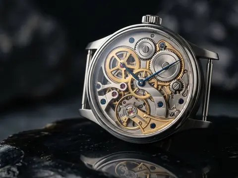 A wristwatch with an open worked movement showing its gears, jewels and blued hands, on dark stone